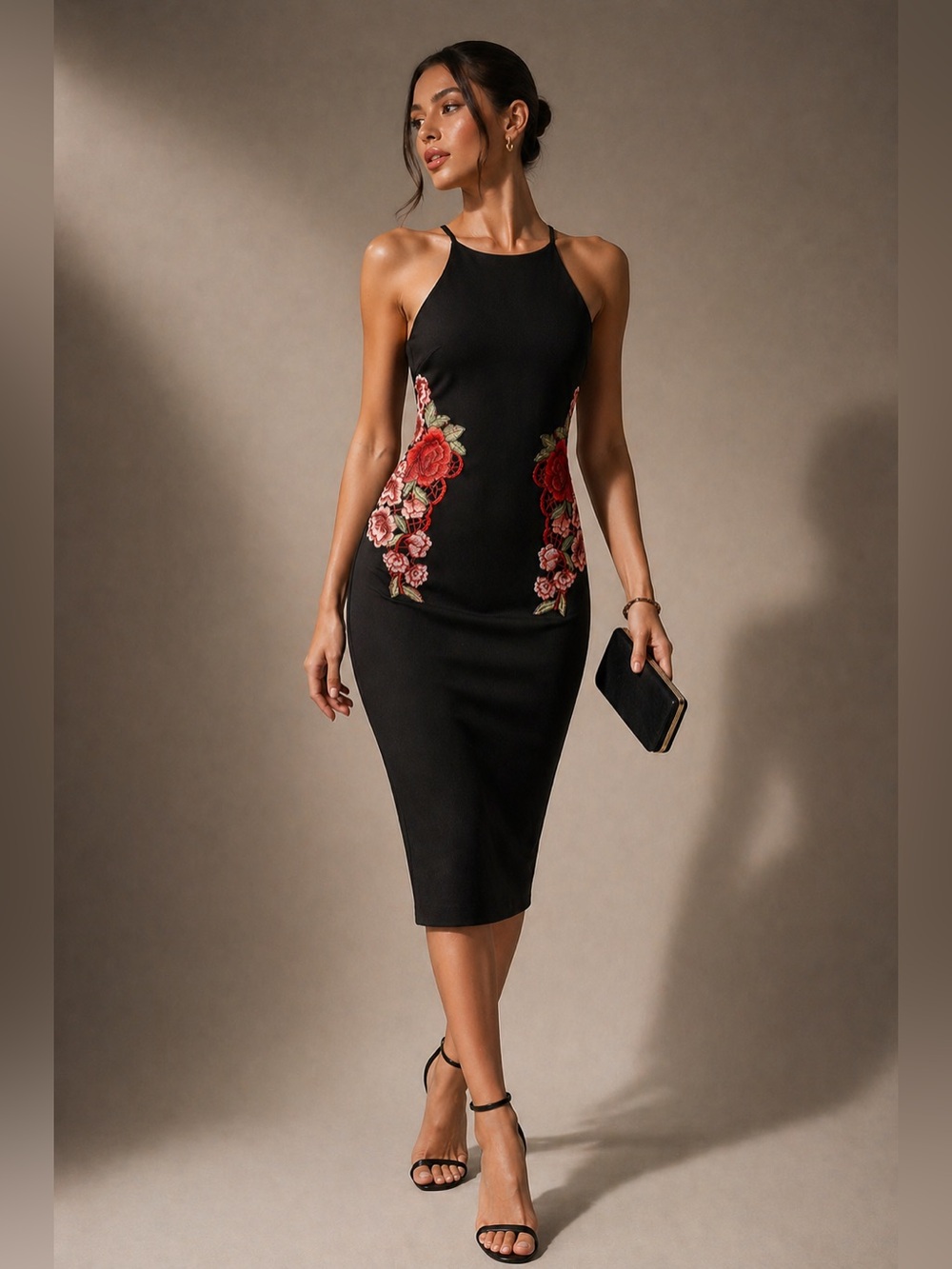 Bisou Bisou Black Red Pink Floral Embroidered Halter Midi Cocktail Dress size 8